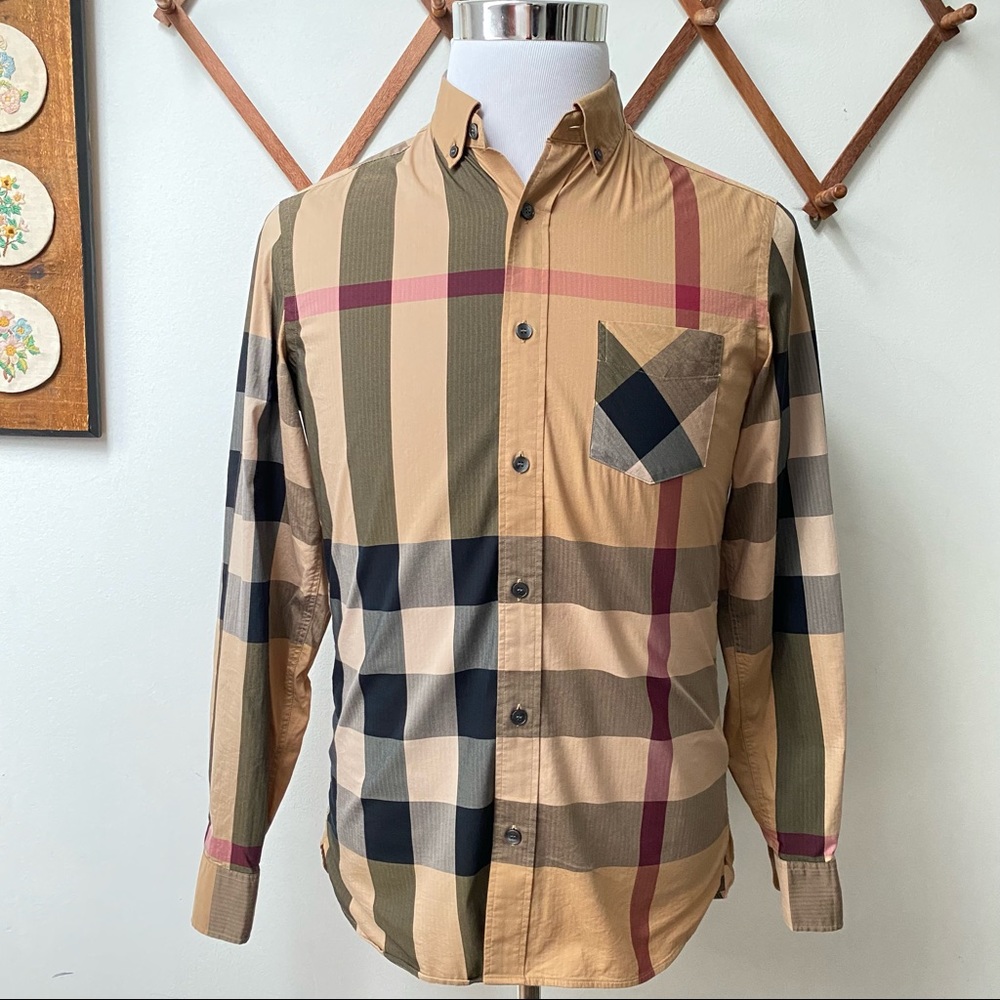 Burberry Beige, Black & Olive Plaid Button-Down Shirt